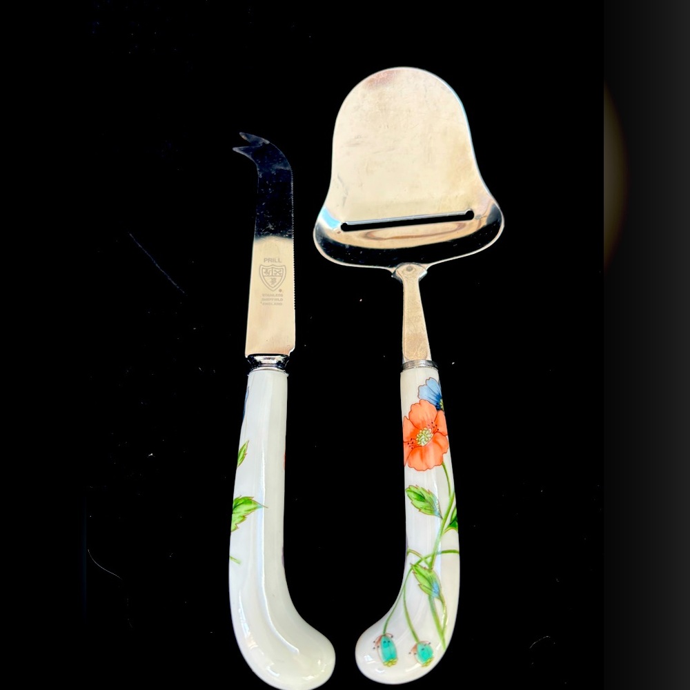 Vintage House of Prill Sheffield Floral Porcelain Stainless Knife Slicer Set